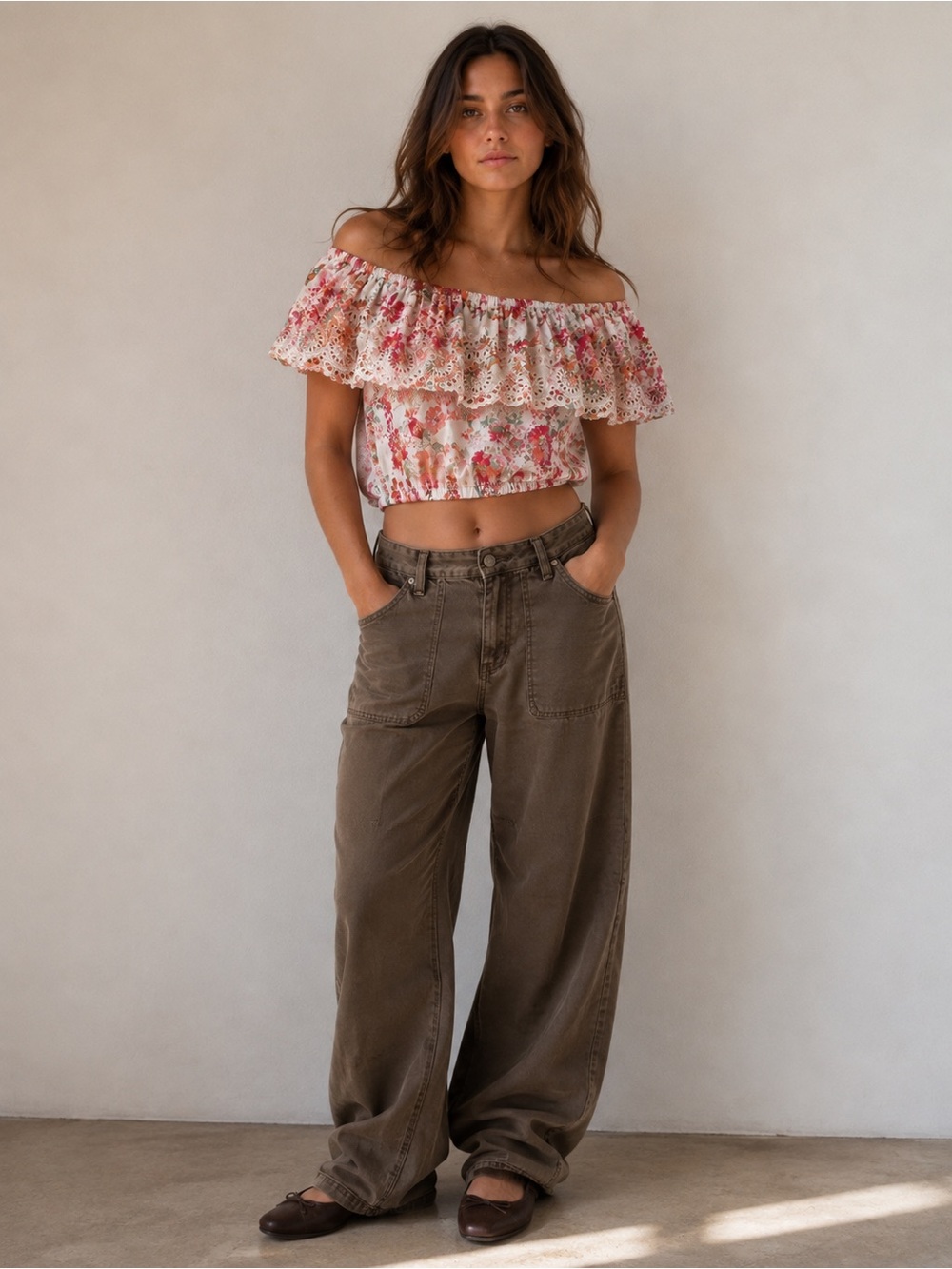 Angie Floral Eyelet Ruffle Off Shoulder Crop Top Medium